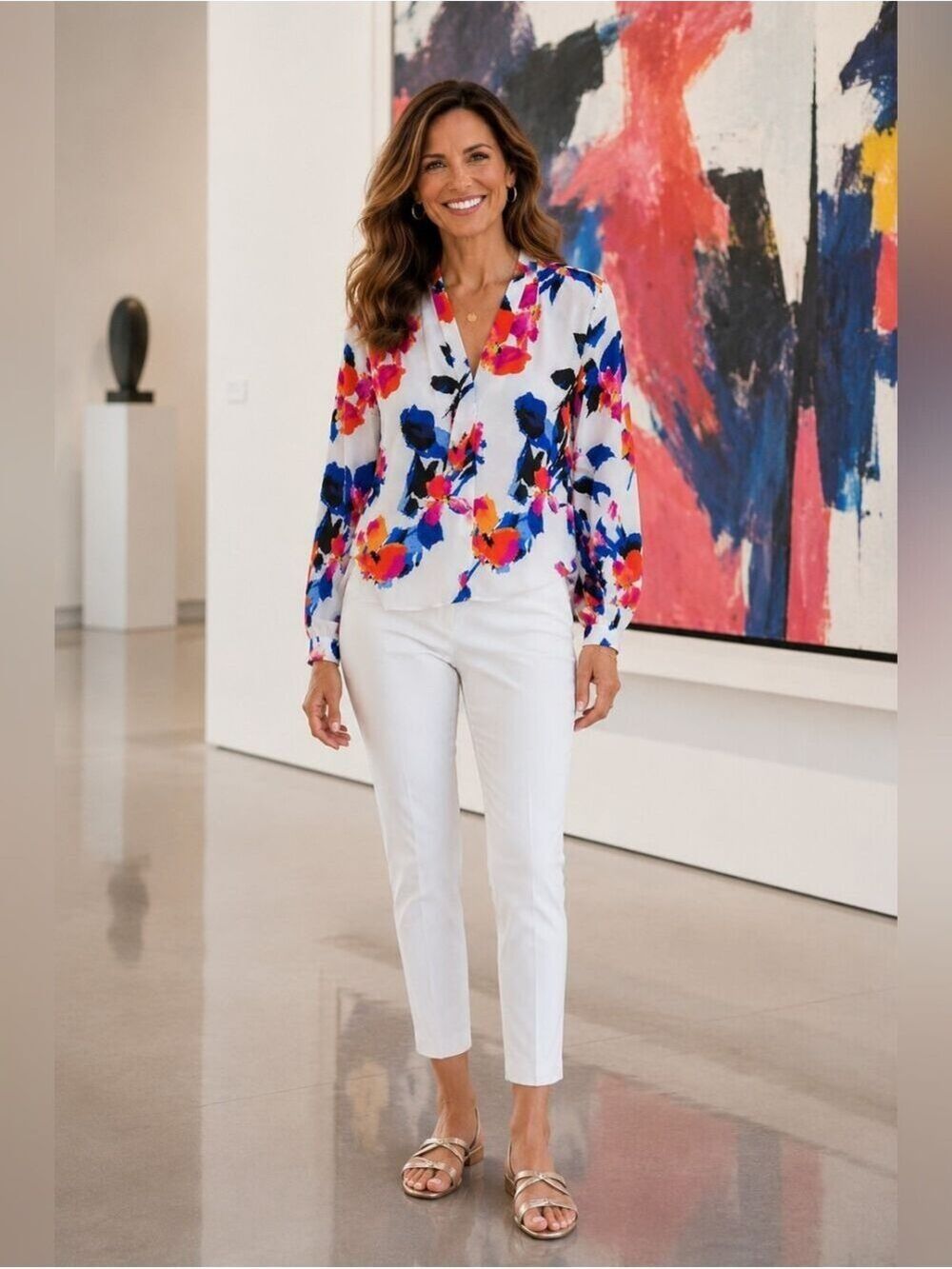 Vince Camuto Floral Popover Blouse XS Abstract Print Long Sleeve Career Top
